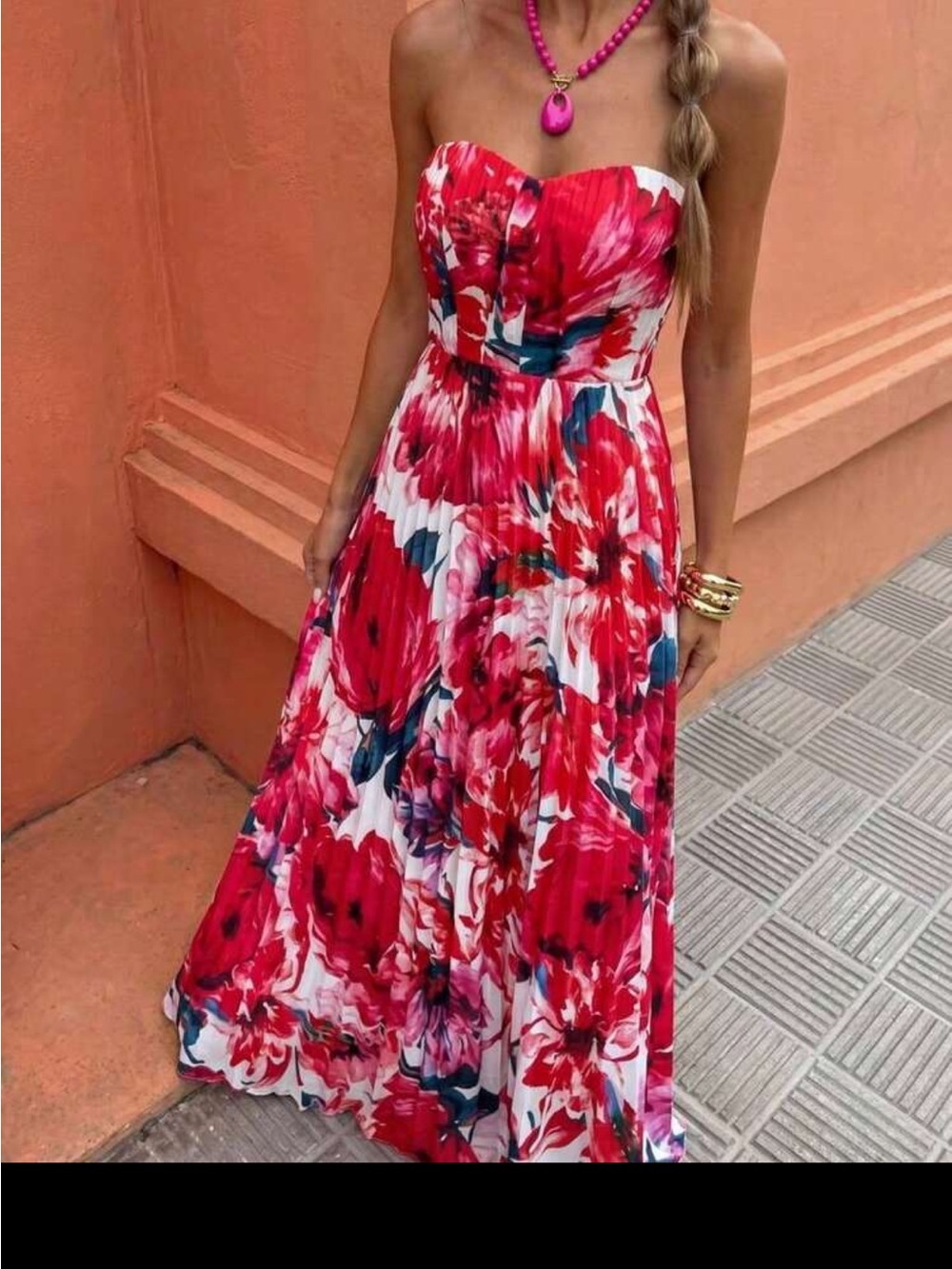SHEIN Red & White Strapless Floral Maxi Dress